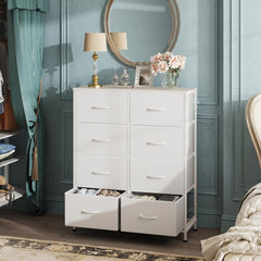 Wooden tabletop and 8-drawer arrangement on WLIVE dresser close up