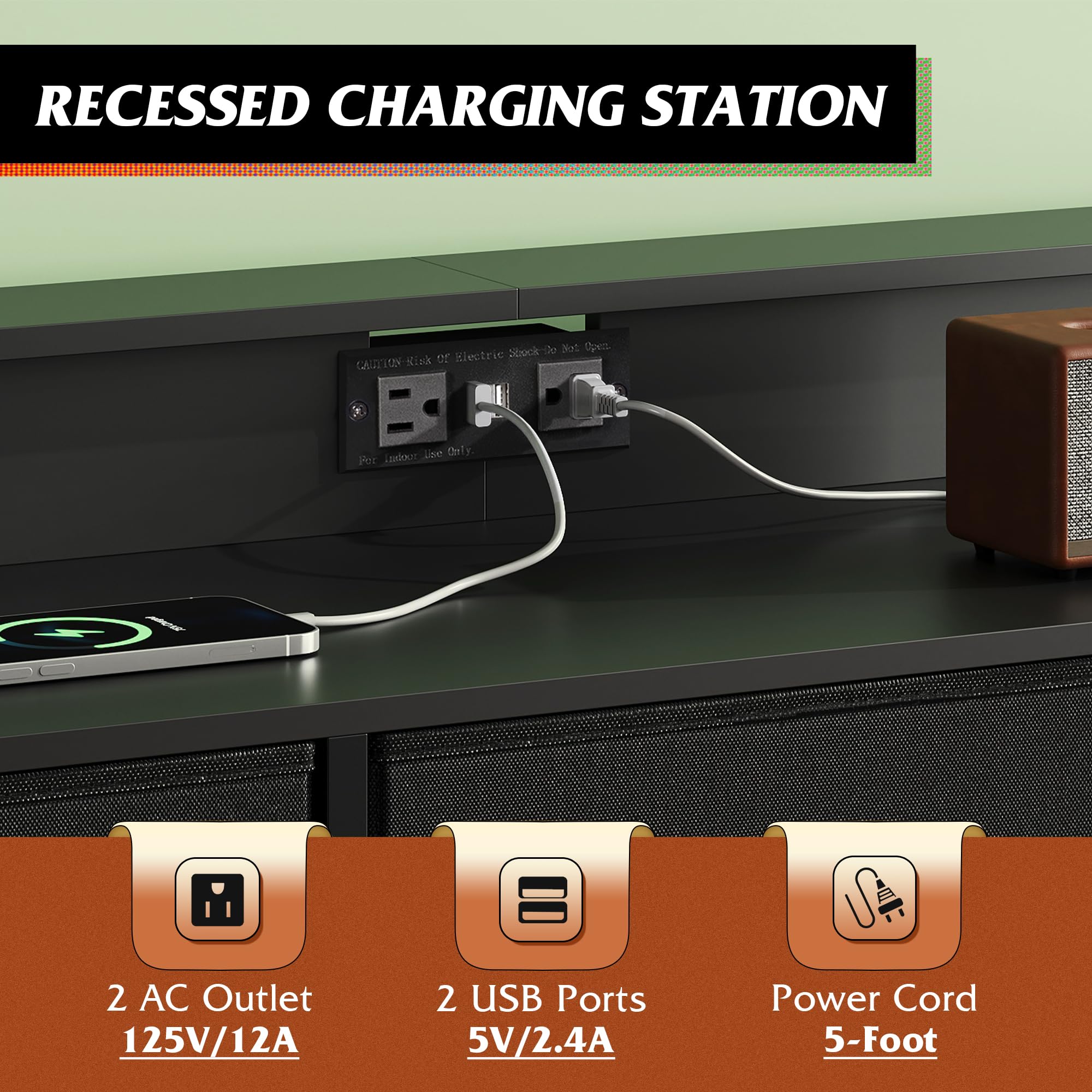 USB ports and AC sockets on WLIVE powered storage dresser