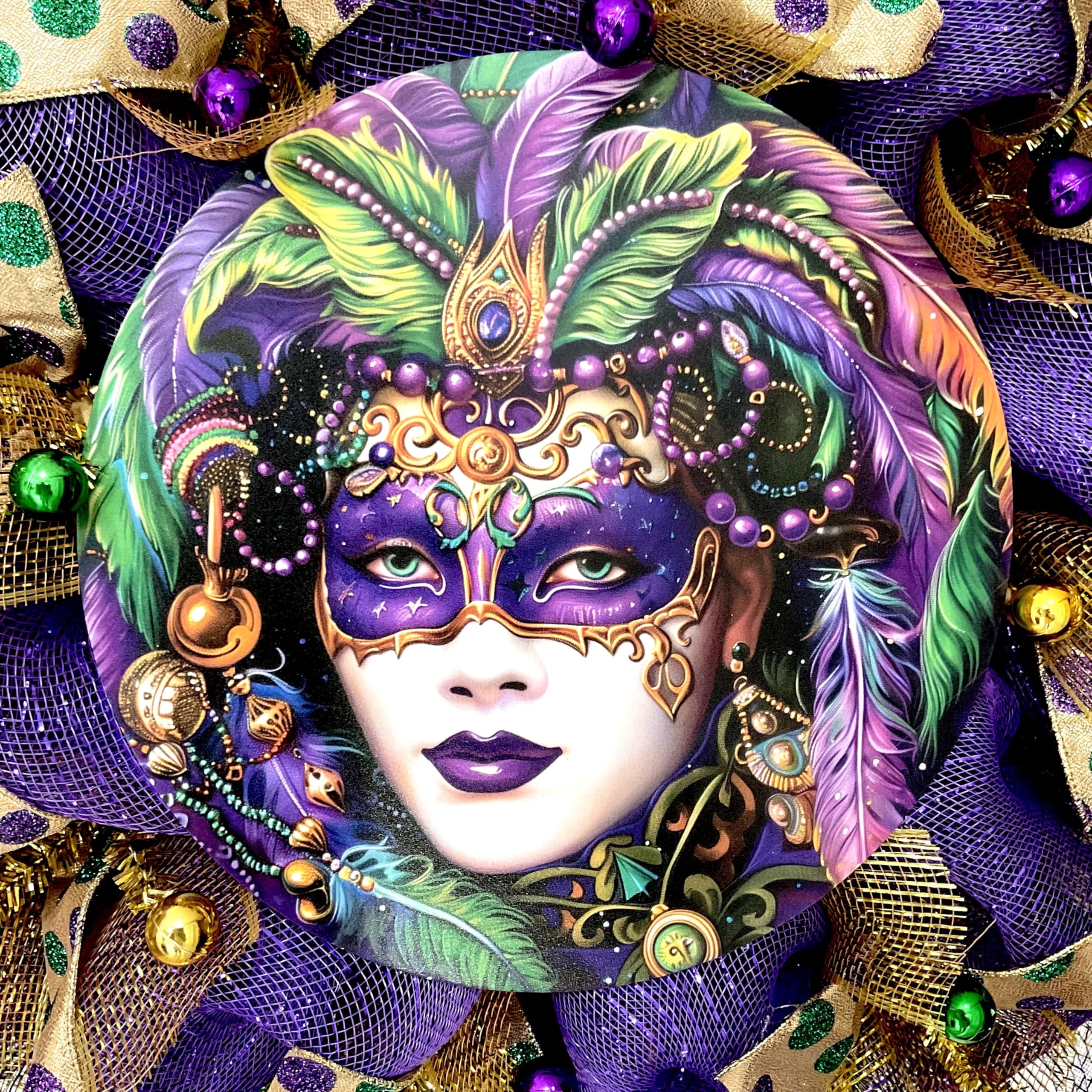 Woman Wearing Jester Mask Purple Background wreath detail