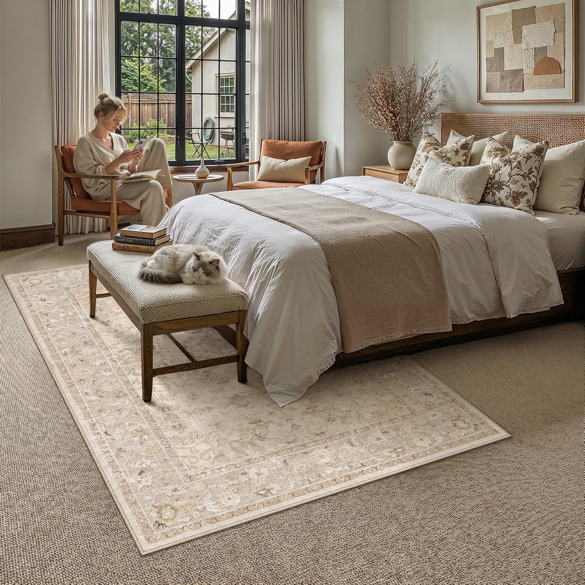 WondRg vintage print area rug beige color close up