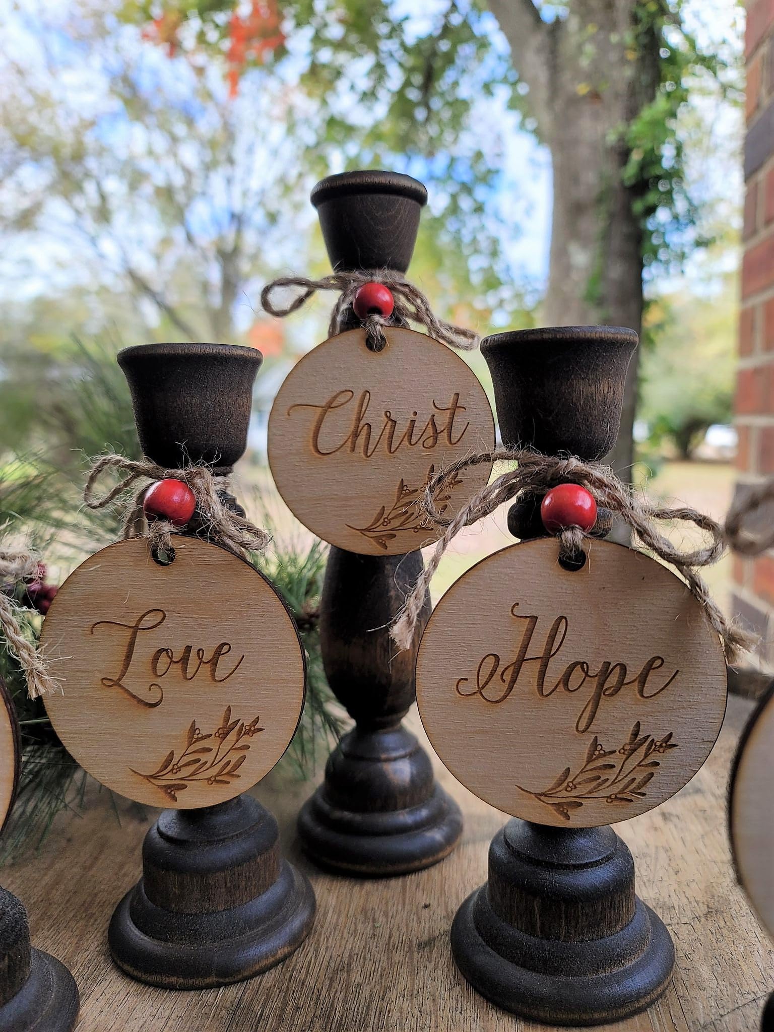 Wood advent candle holders with laser engraved tags