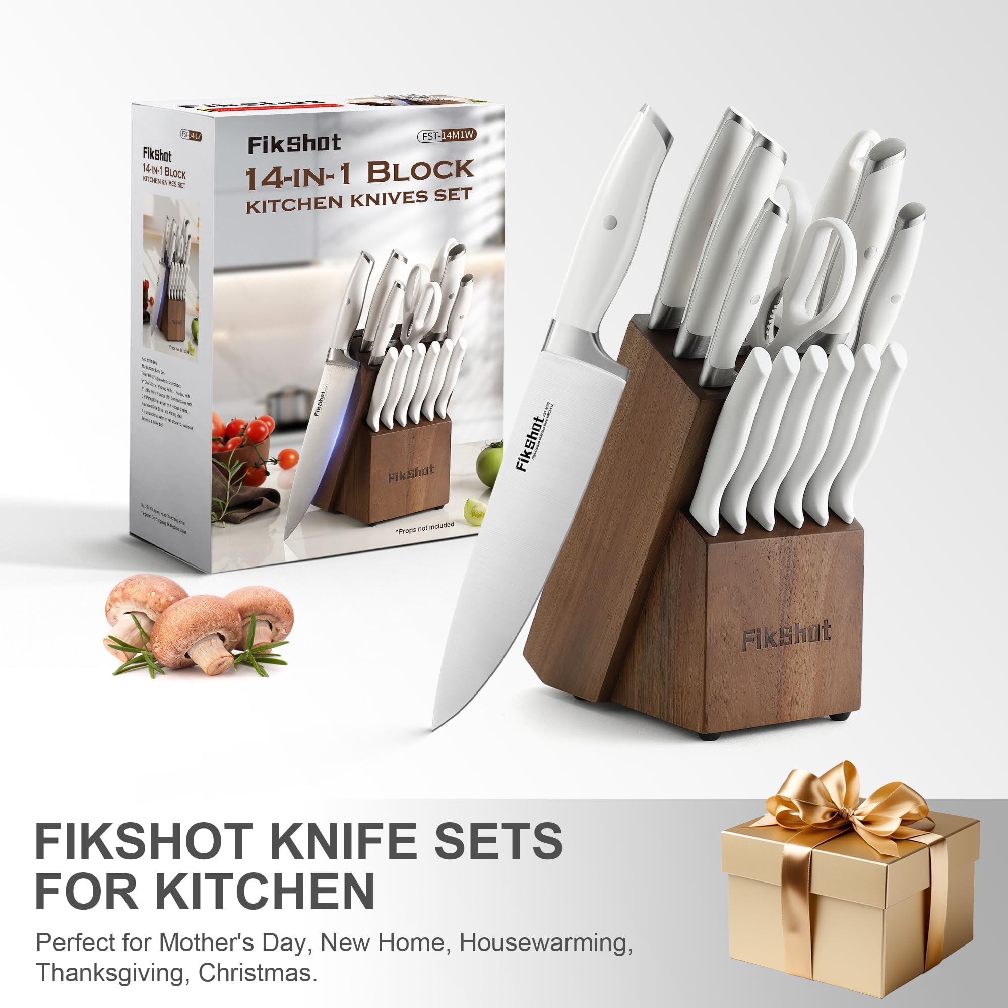 Solid wood block with built-in sharpener in Fikshot Knife Set