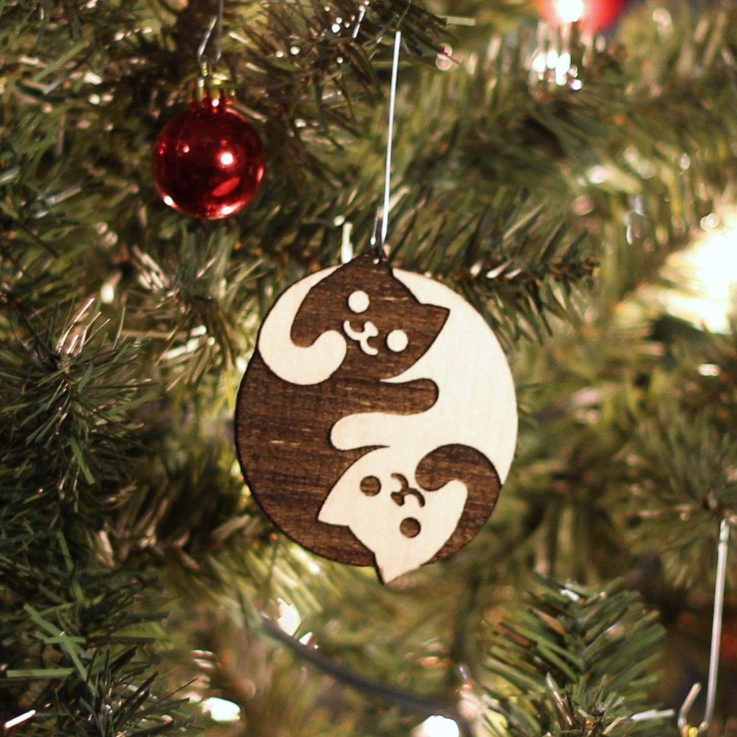 Wood Christmas ornament cat yin-yang cat motif