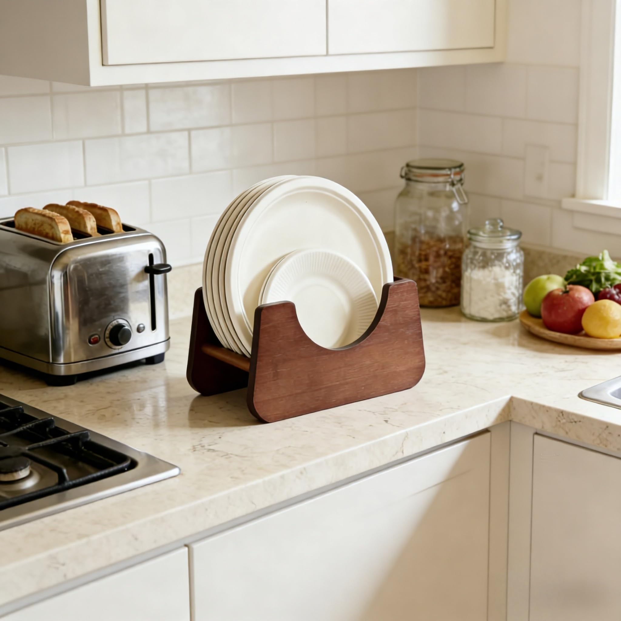Bamboo Wood Foam Plate Storage Organizer on kitchen counter