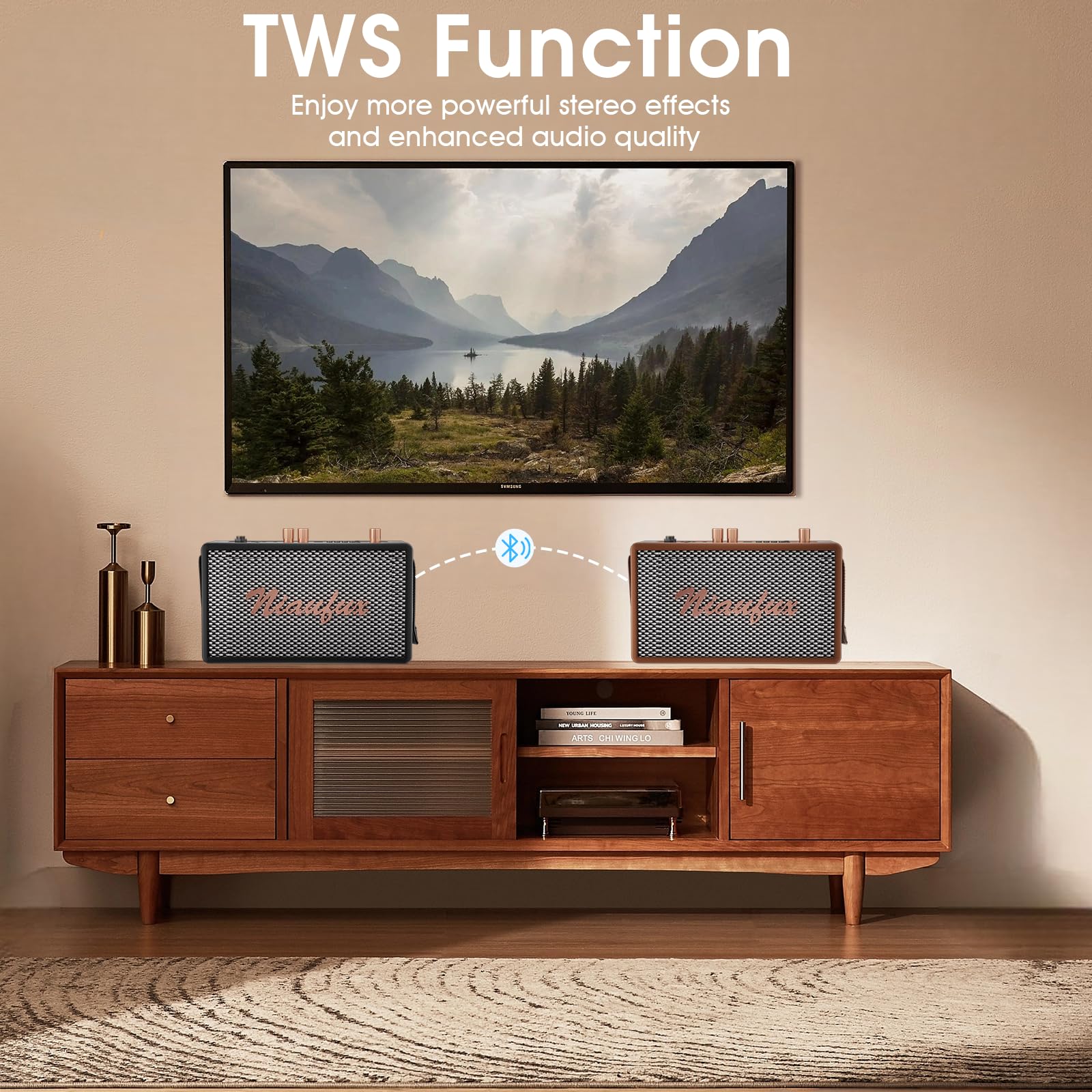 Wood frame and leather finish with woven front design