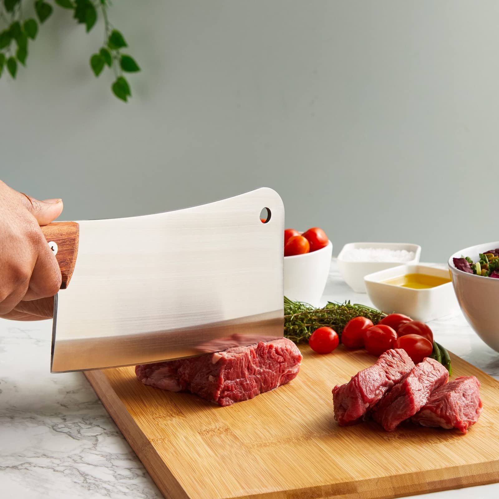 Wood handle cleaver for chopping and beef brisket