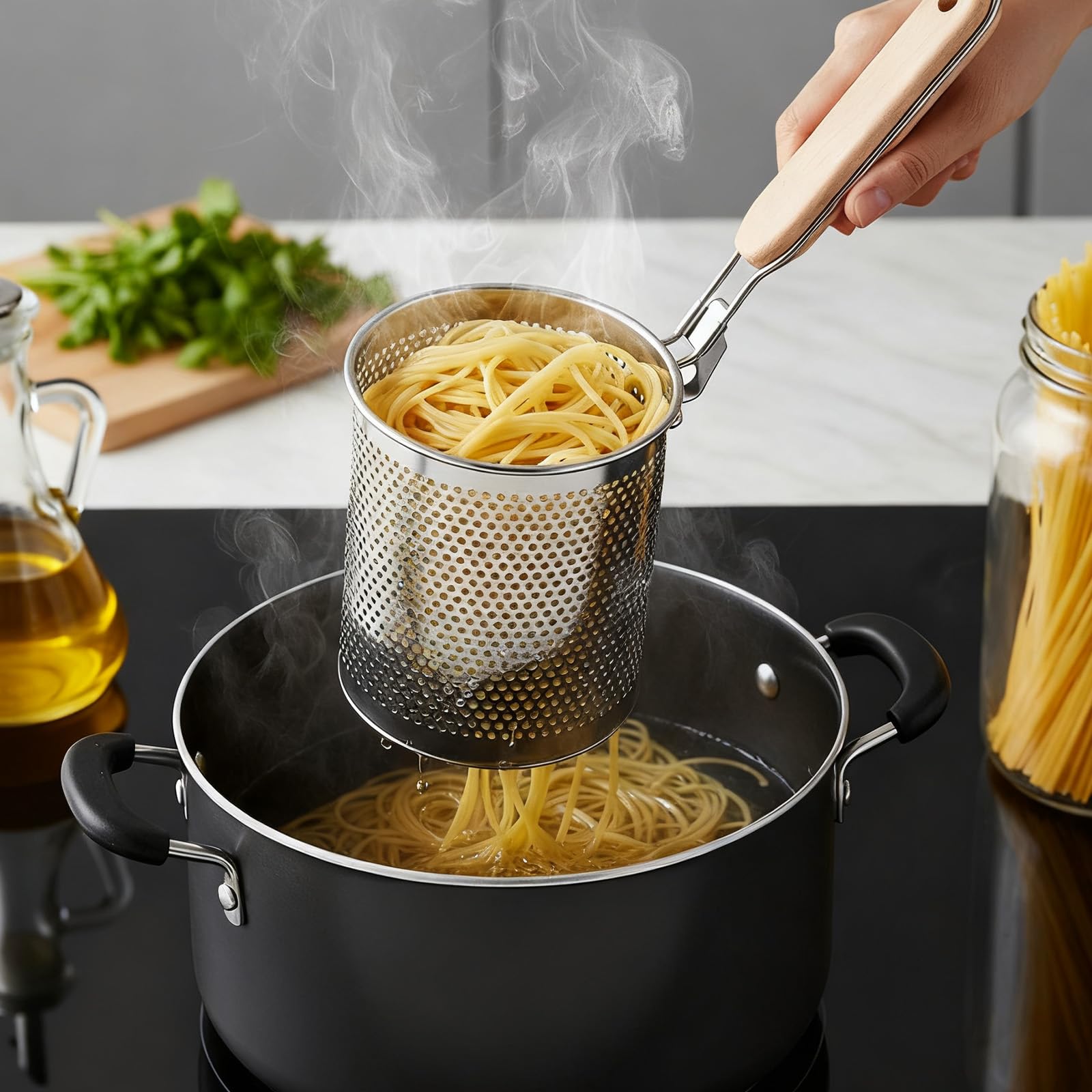 Wood handle pasta strainer for safe handling in hot pots