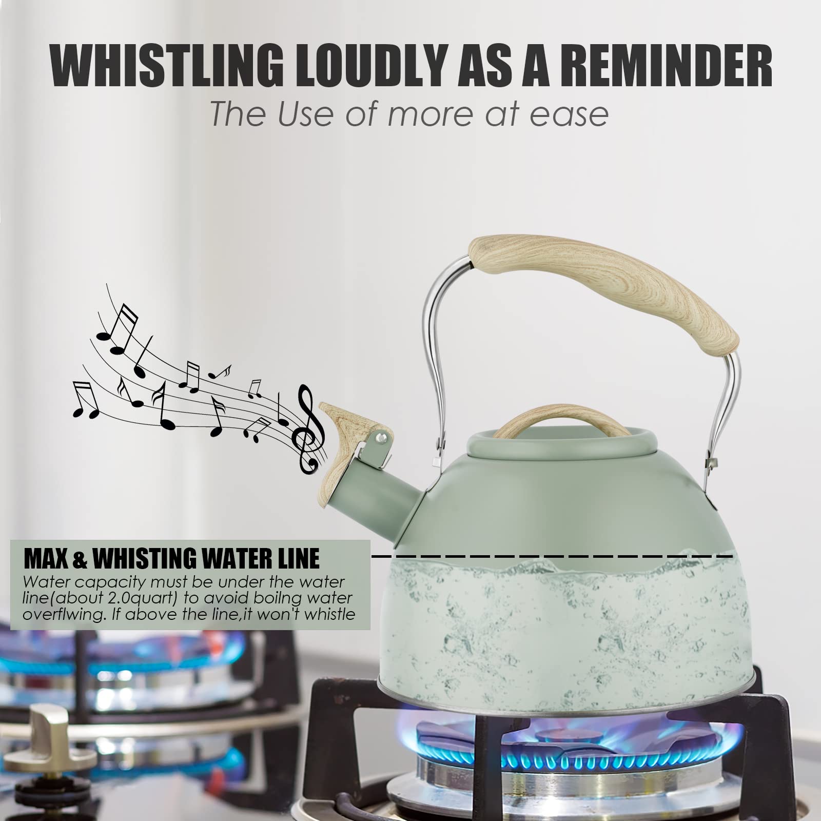Wood pattern handle tea kettle green for stovetop use