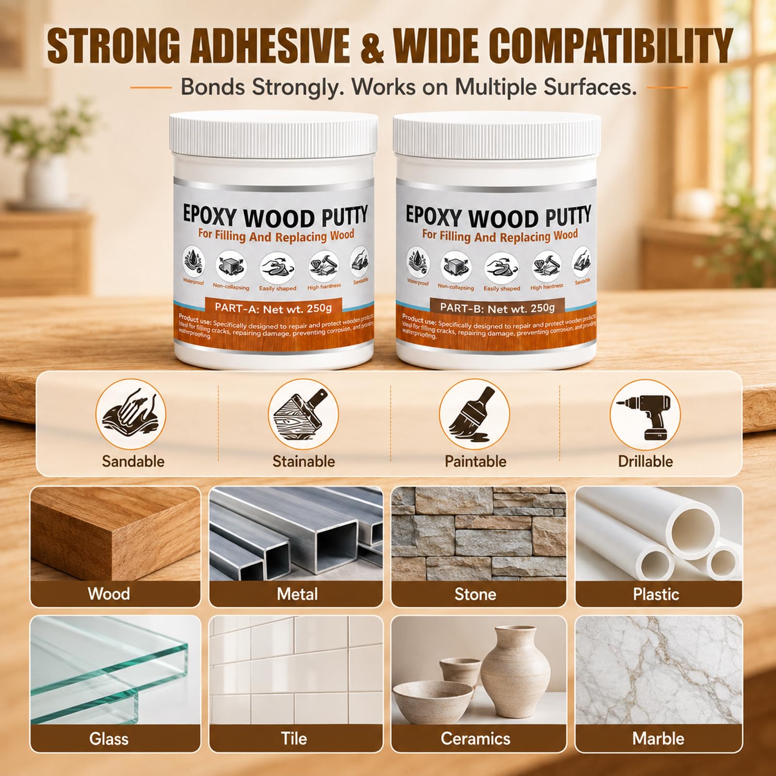 Wood repair kit includes tools for mixing and shaping
