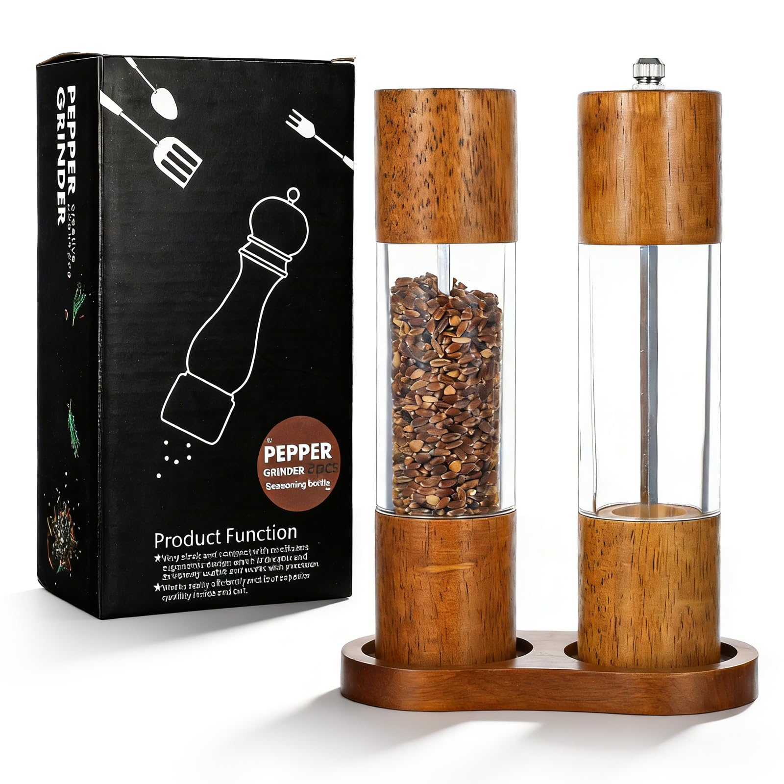 Wood Salt and Pepper Grinder Set 8 inch pair with tray