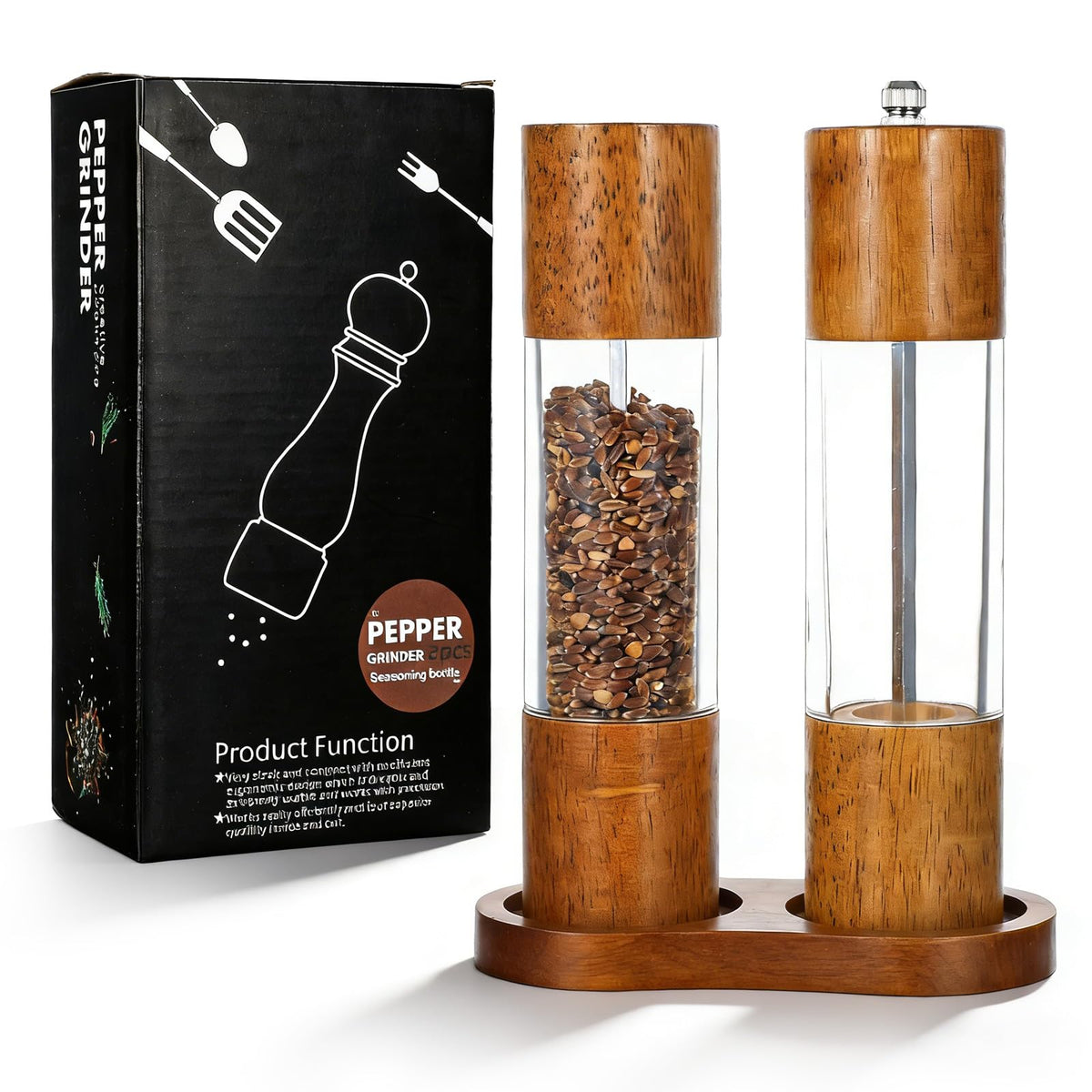 Wood Salt and Pepper Grinder Set 8 inch pair with tray