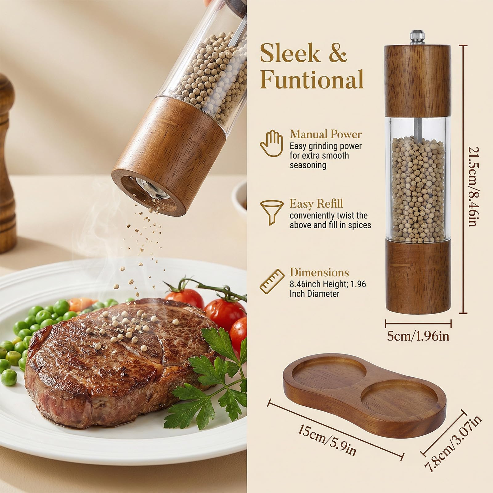 Acacia wood pepper grinders with ceramic core
