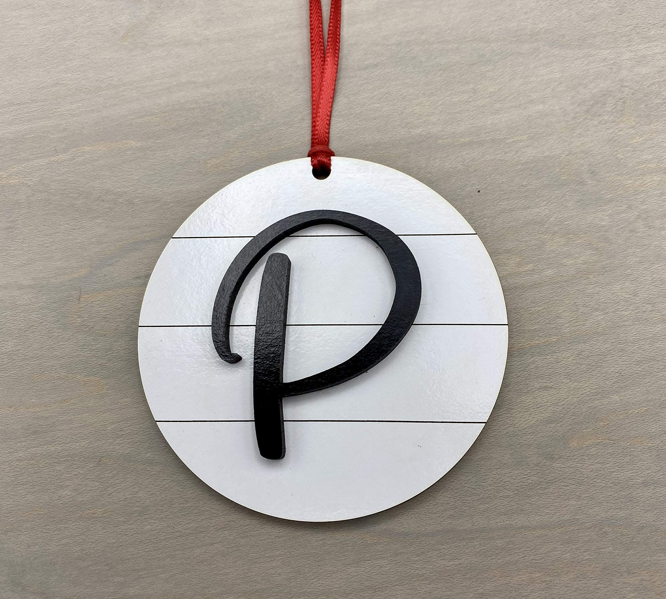 Wood Shiplap Initial Christmas Ornament Letter P with red hanging ribbon