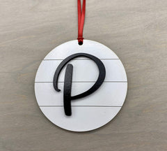 Wood Shiplap Initial Christmas Ornament Letter P with red hanging ribbon