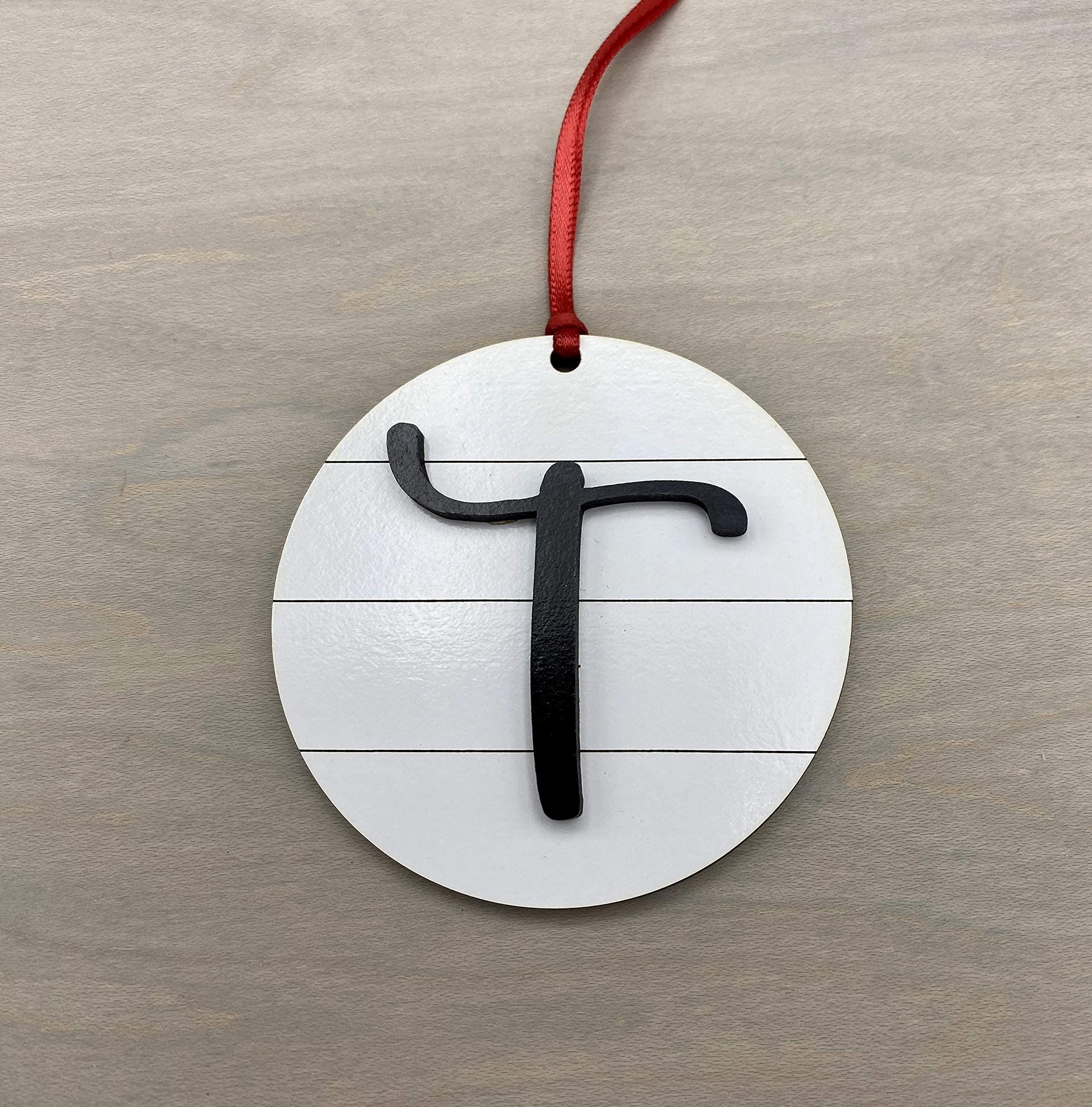 Farmhouse Monogram Ornament Letter T wood shiplap back view black back