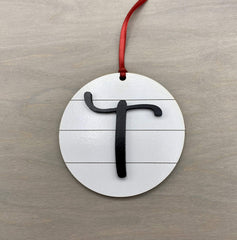 Farmhouse Monogram Ornament Letter T wood shiplap back view black back