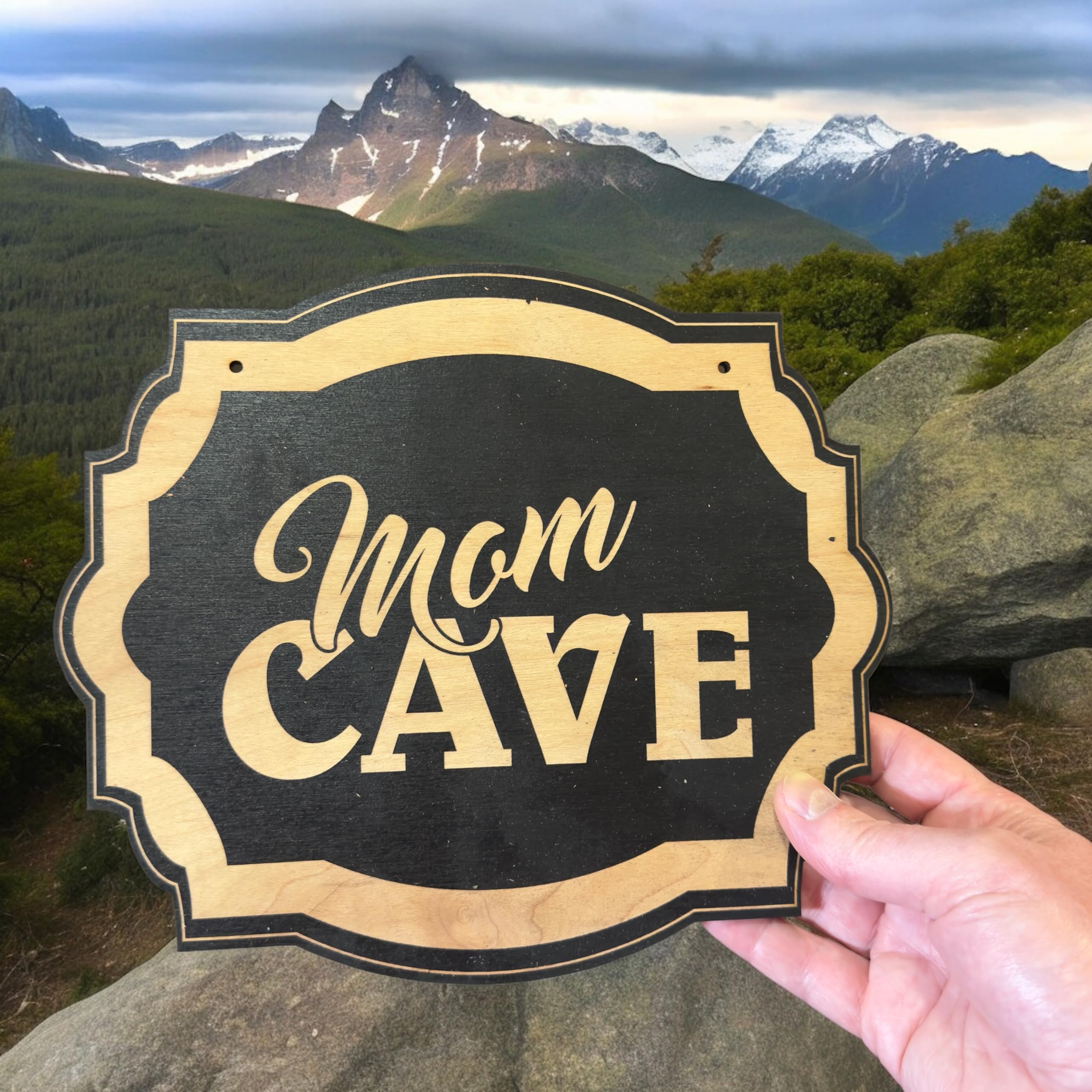 Sign BLACK Mom Cave 10x8 laser engraved lettering