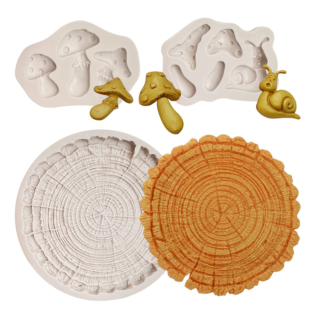 Wood Stump Cake Fondant Silicone Molds three shapes Bark Stump Mushroom Snail