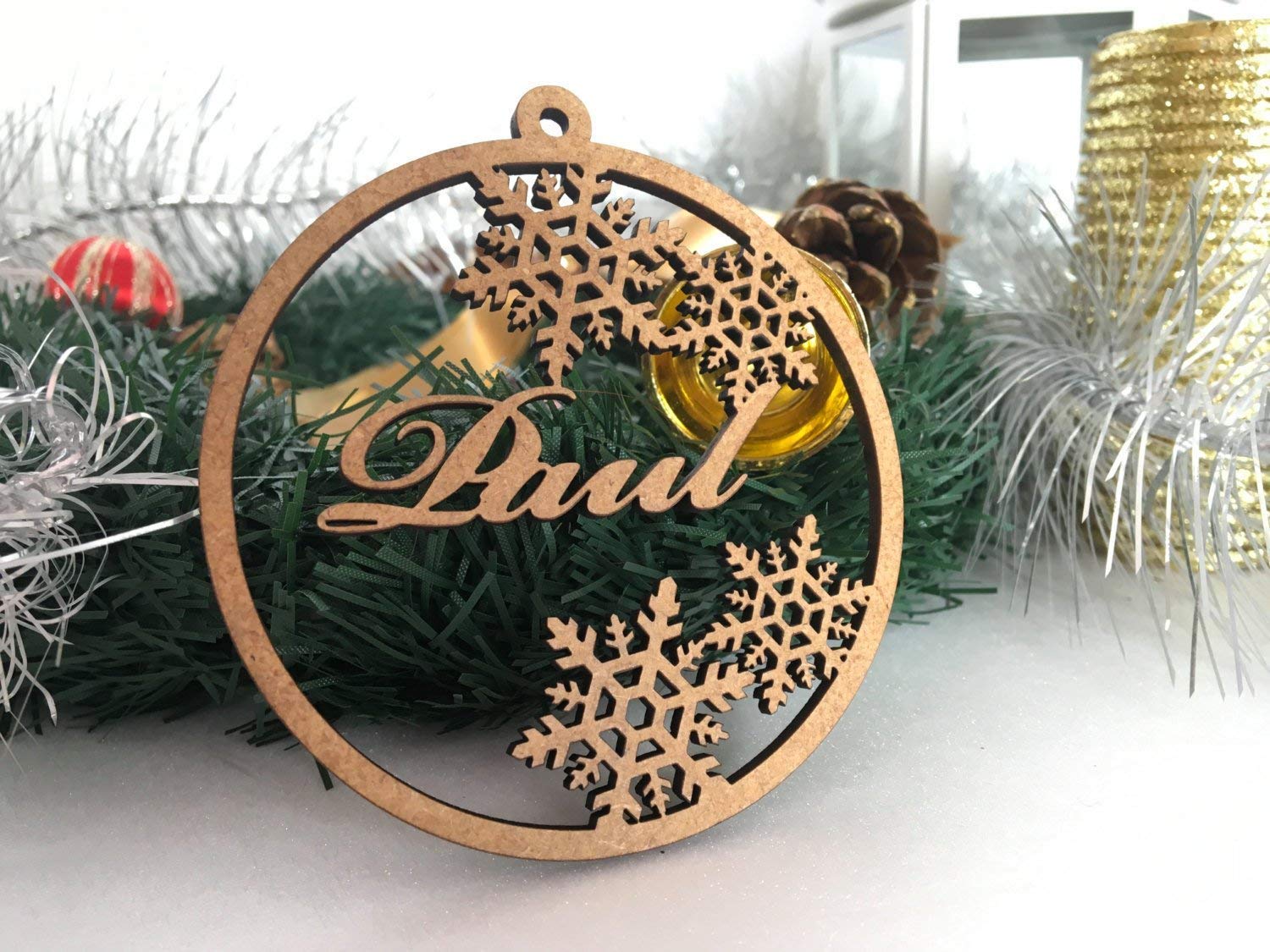 Wood tree decorations ornament showing 3.1 inch size