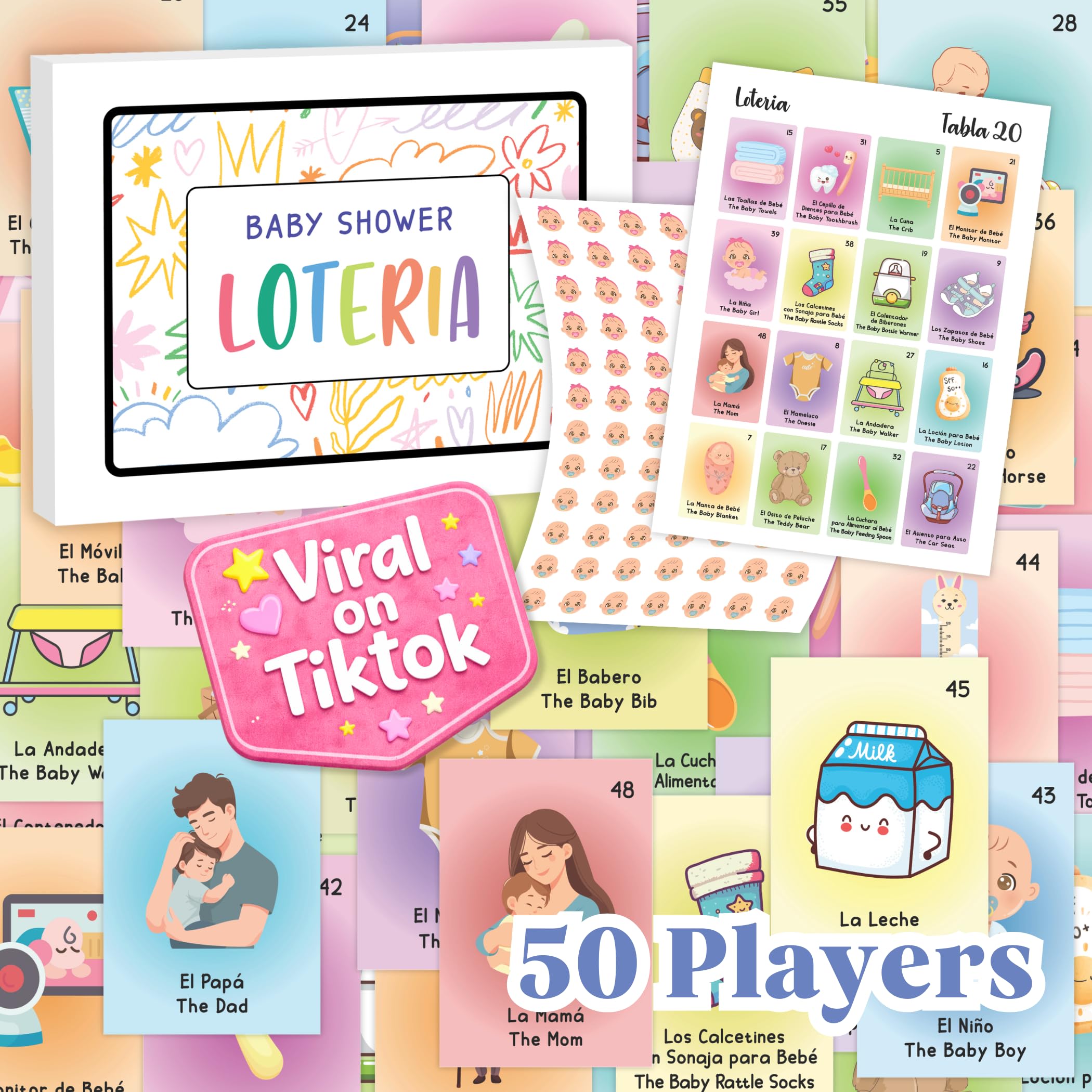 Woodamore baby shower loteria game card with bilingual play cards