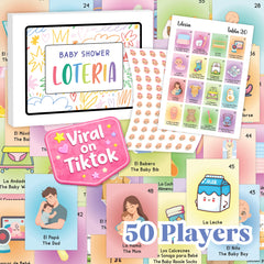 Woodamore baby shower loteria game card with bilingual play cards
