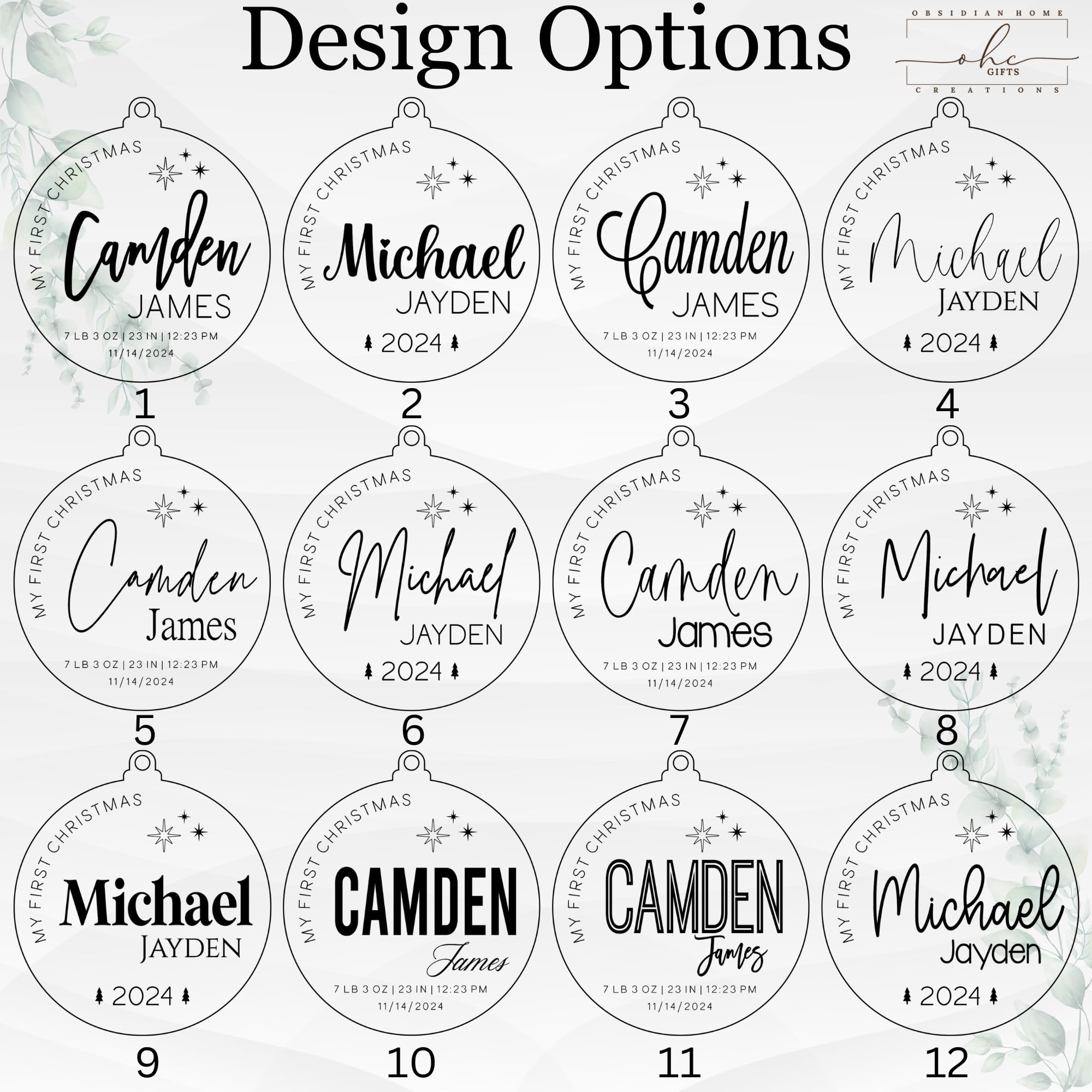 White Acrylic Black Text baby ornament option