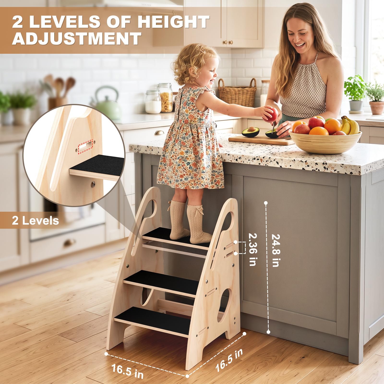 Height adjustable wooden stool with handles