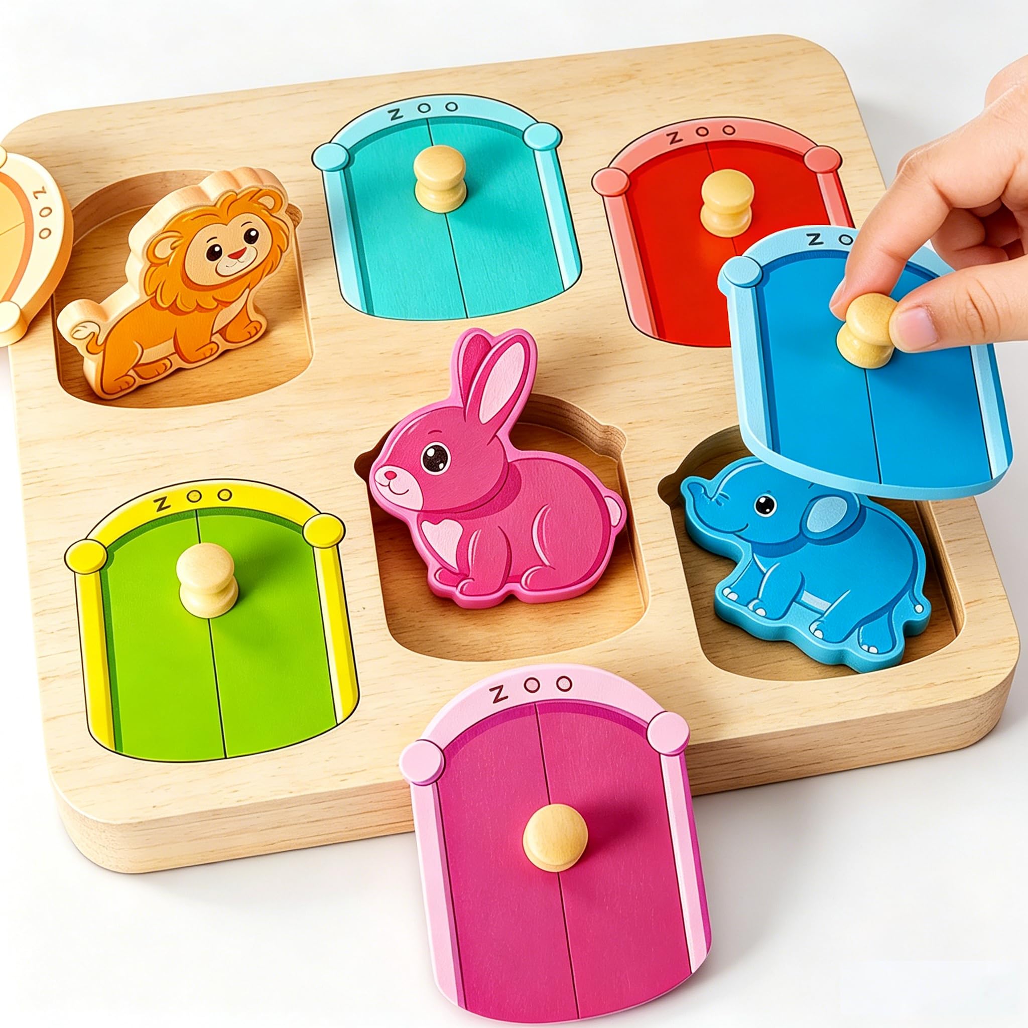 Wooden Animal Peg Puzzle with six zoo pieces for toddlers