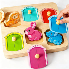 Wooden Animal Peg Puzzle with six zoo pieces for toddlers
