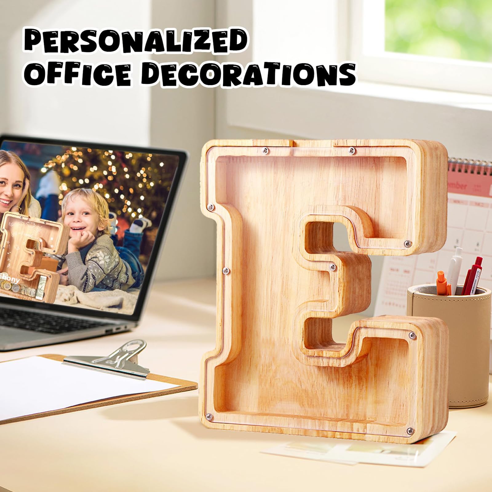 top entrance for coins and banknotes on wooden piggy bank