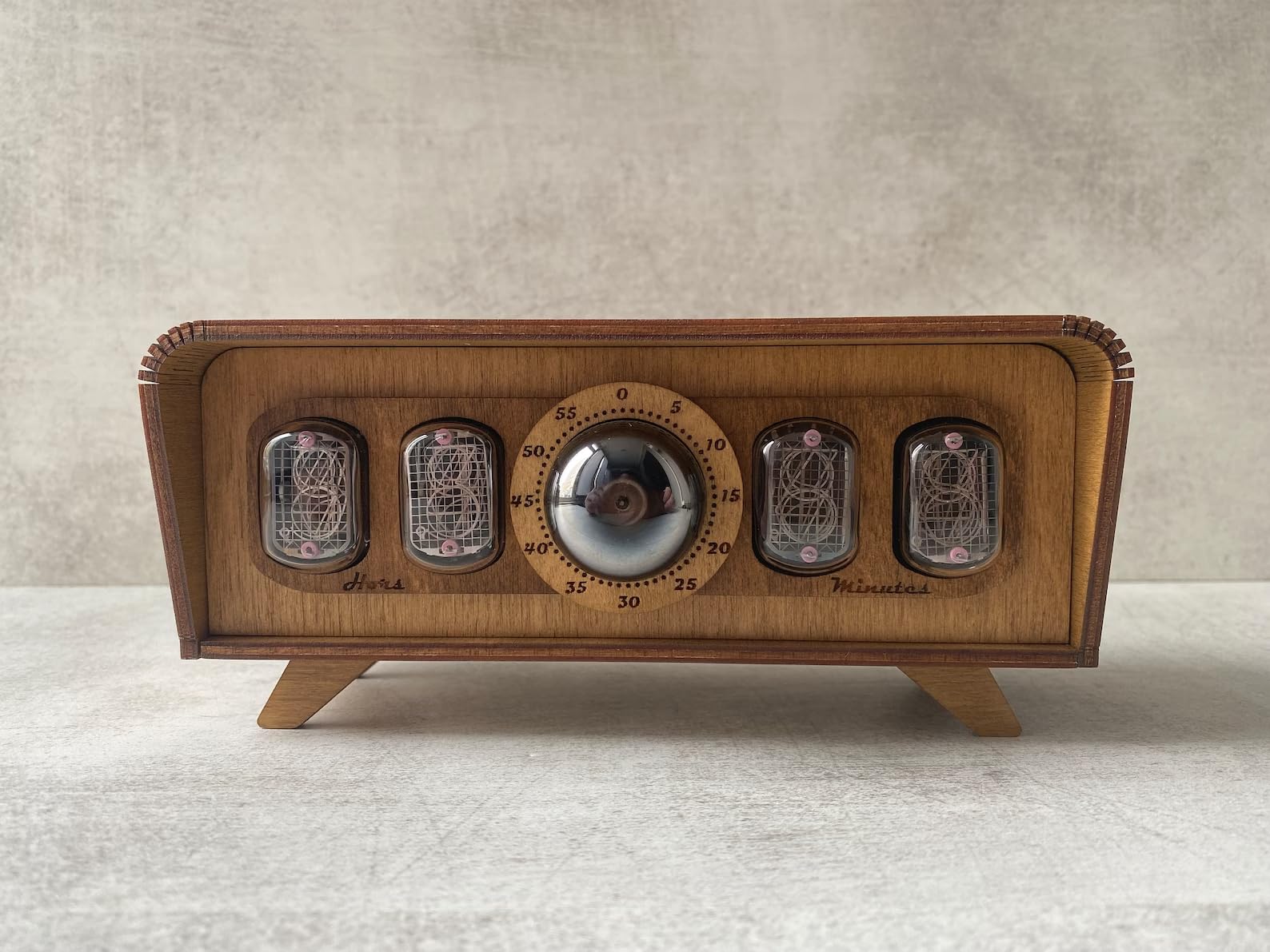 Wooden frame complements retro desk clock
