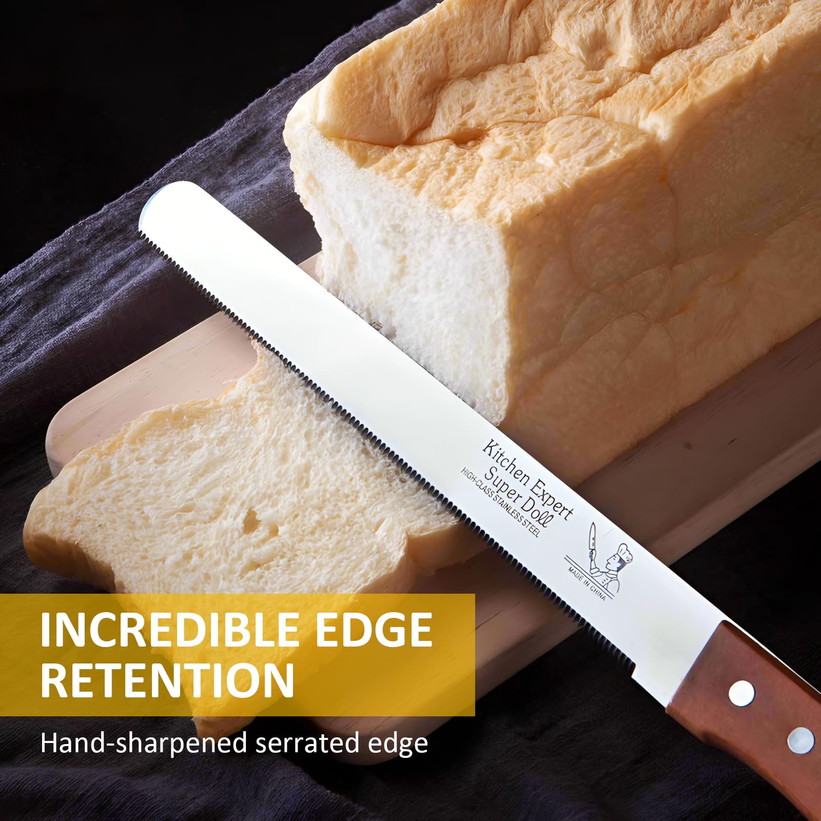 Wooden handle bread knife for easy slicing of bread