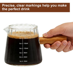 Wooden handle and drip-free spout on espresso cup