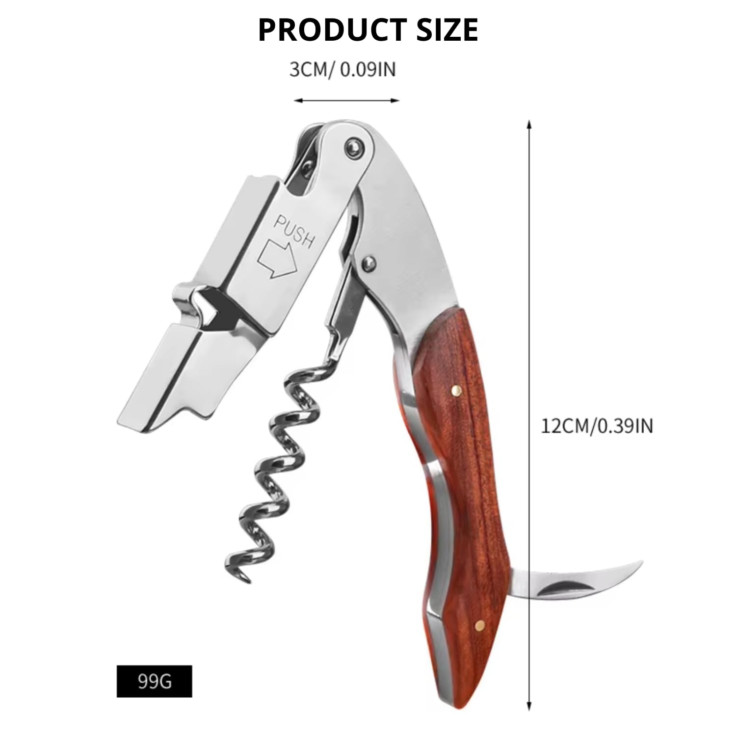 Stainless steel wine key with wooden handle for servers