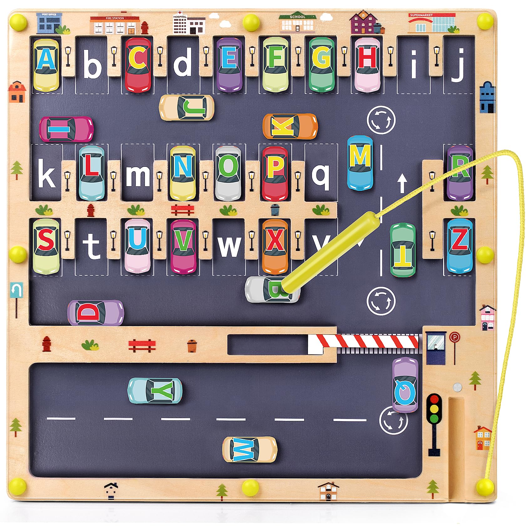 Wooden Magnetic Alphabet Maze Puzzle front view with letter blocks
