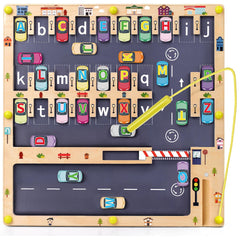 Wooden Magnetic Alphabet Maze Puzzle front view with letter blocks