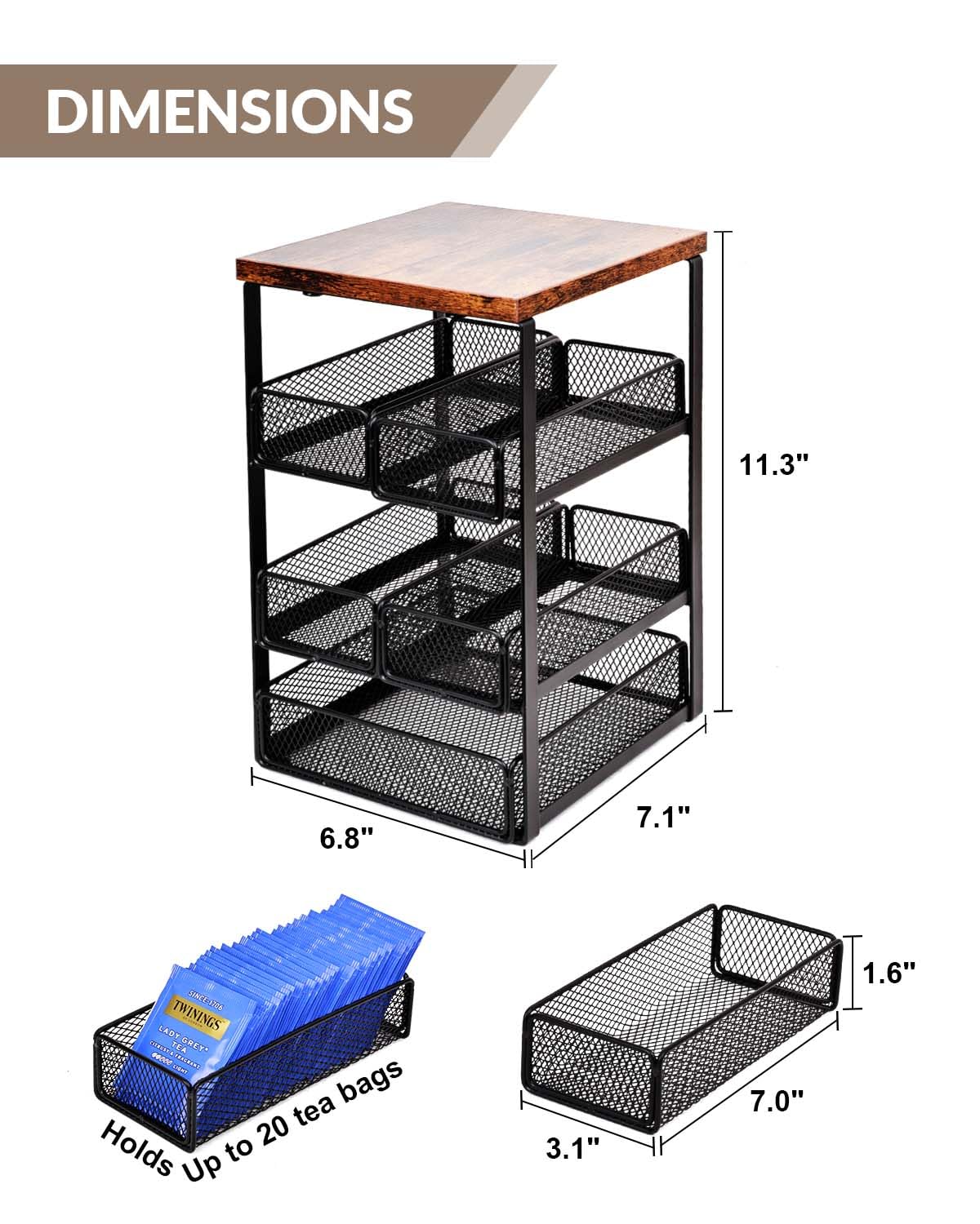 Front view of wooden and metal tea storage organizer