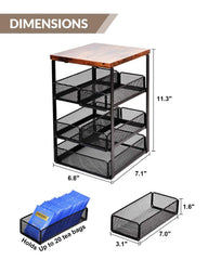 Front view of wooden and metal tea storage organizer