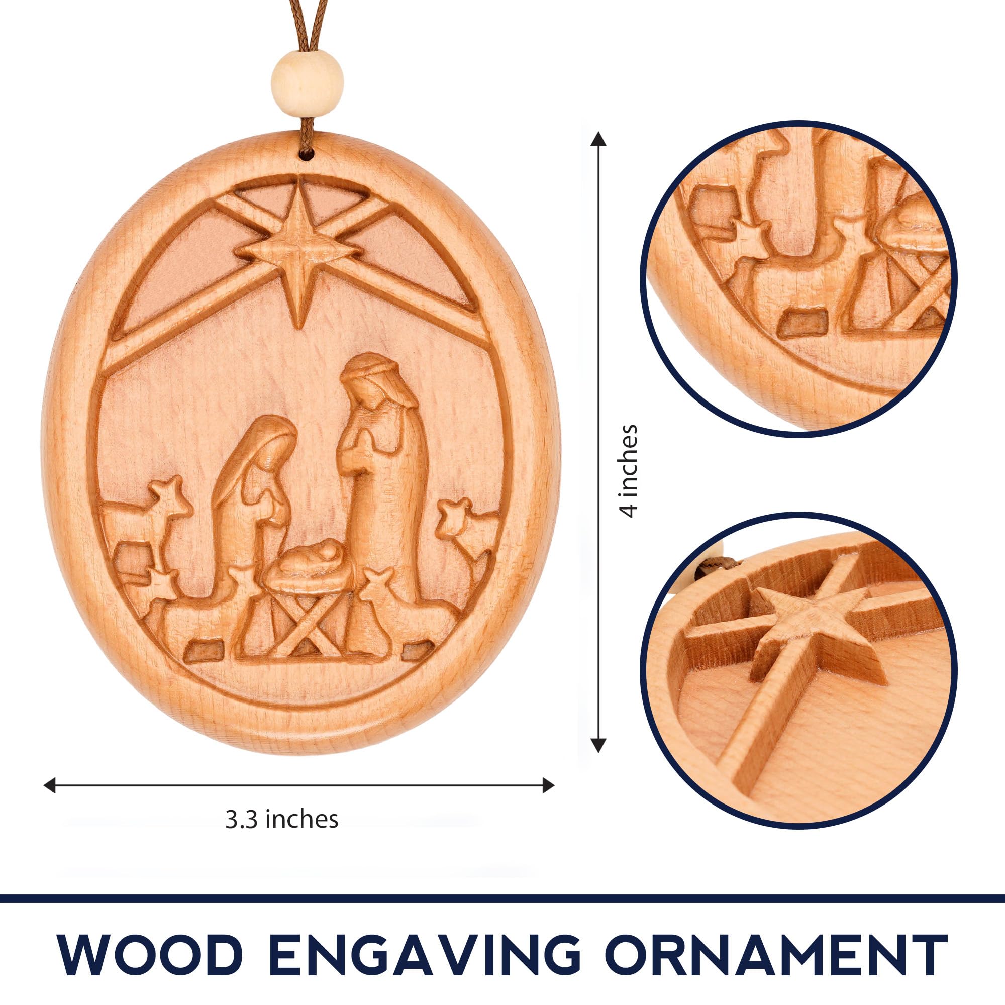 Handmade nativity ornament with warm rustic wood finish
