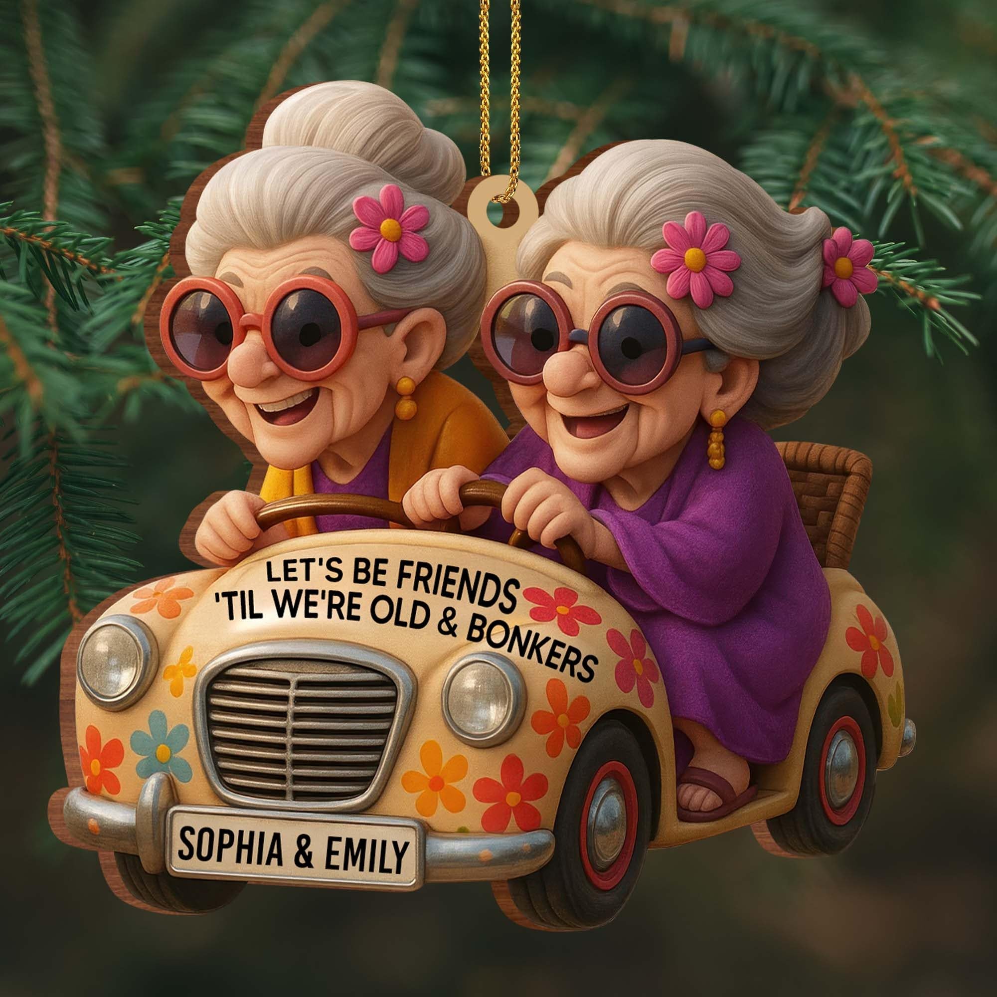 Humorous holiday ornament symbolizing lifelong friendship