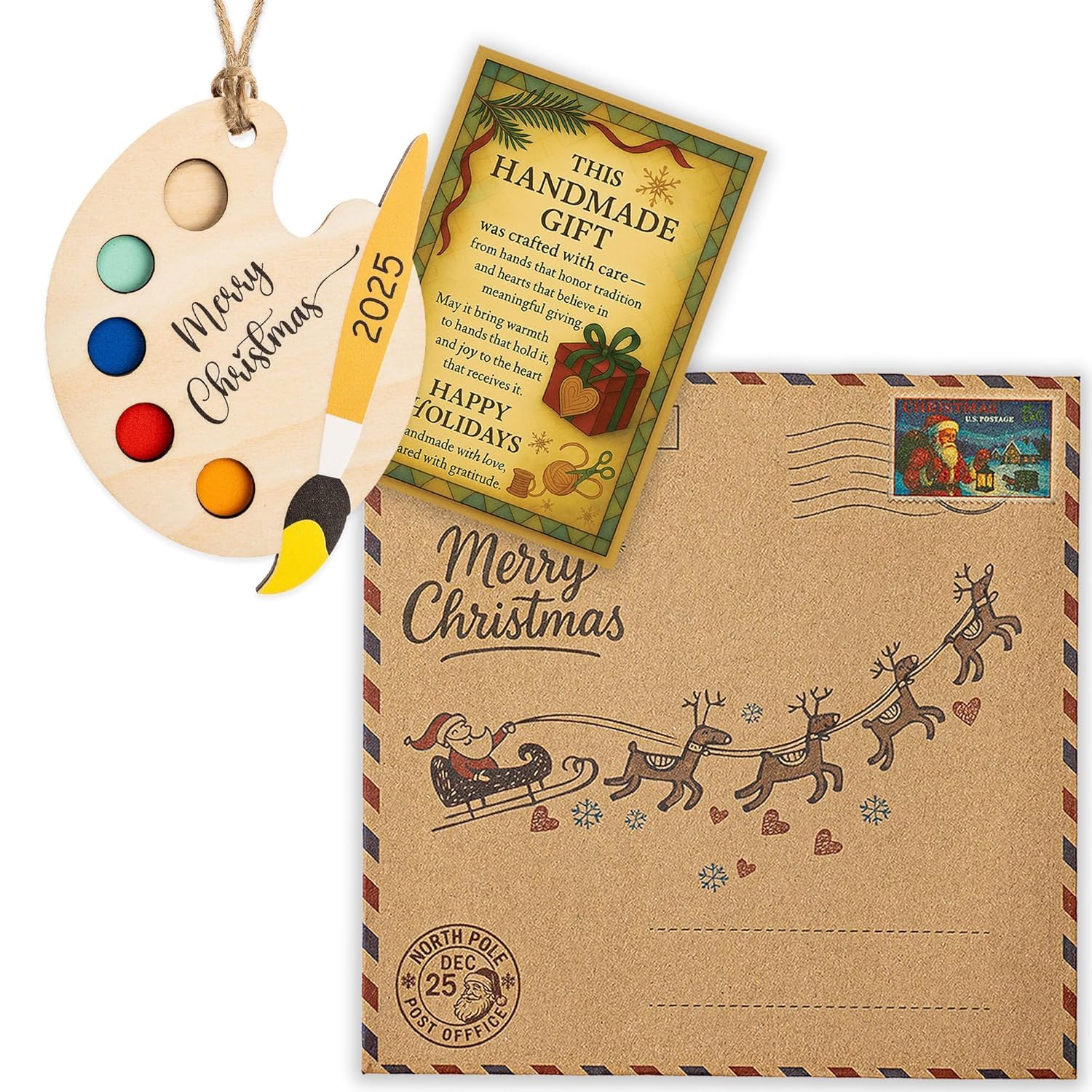 4 inch wooden palette ornament with colorful design
