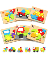 Chunky wooden puzzle pieces for toddlers ages 1-3 with vehicle shapes