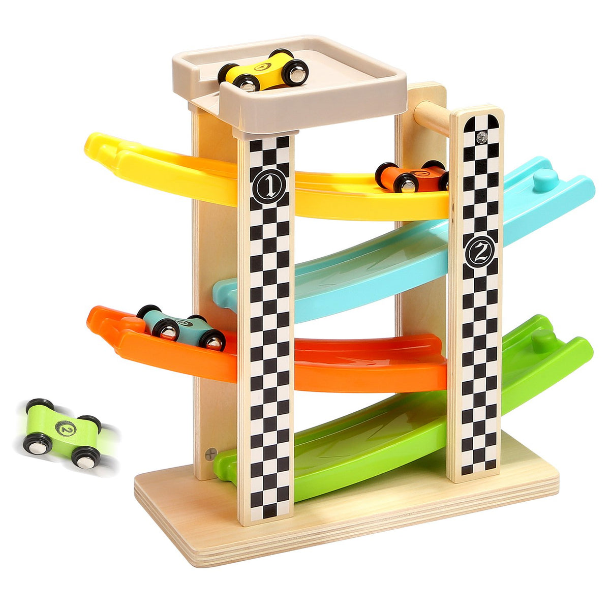Wooden race track toy for toddlers with 12x4x10 dimensions and four ramps