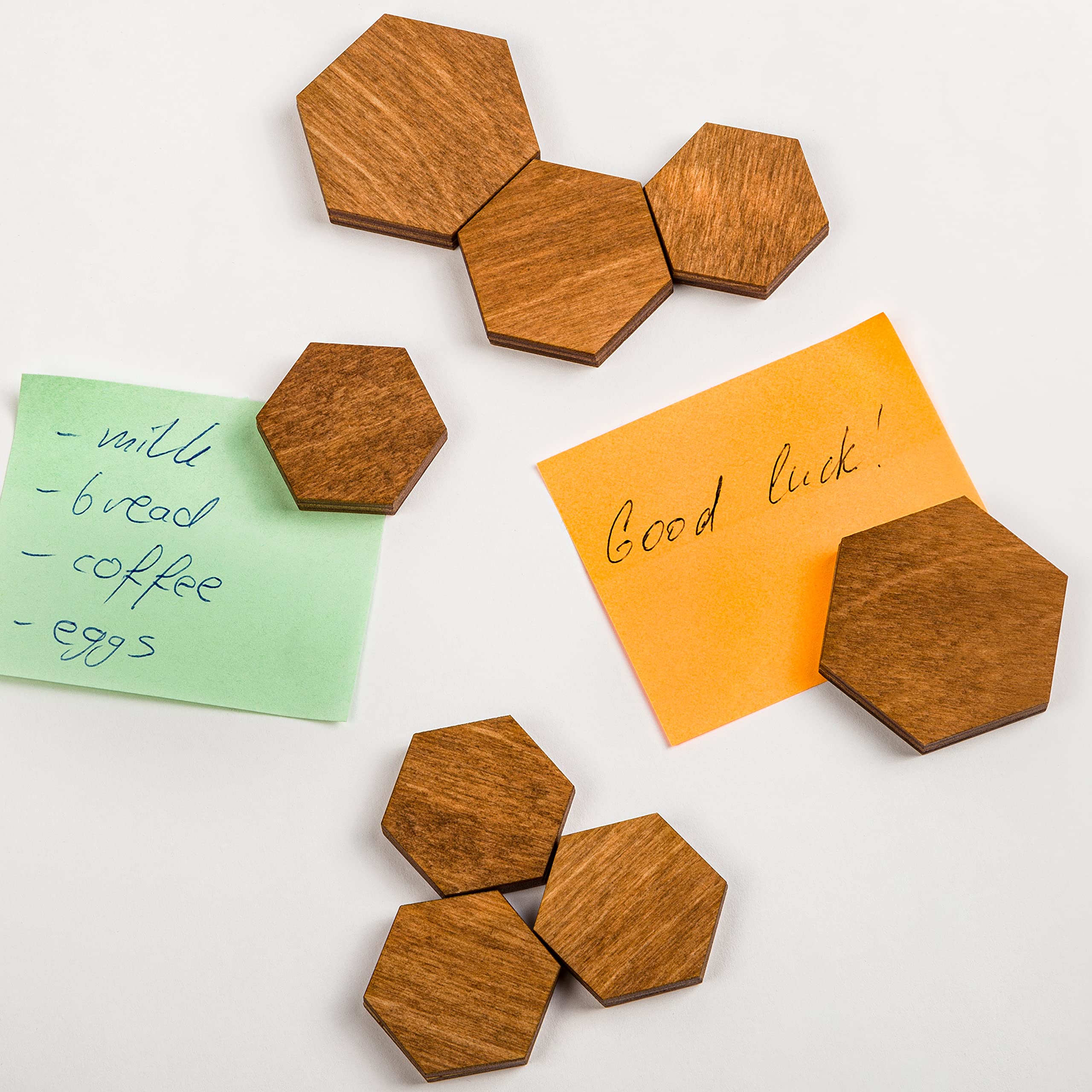 Brown hexagonal wooden refrigerator magnet 3.5 cm square pack of 12