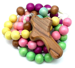 Wooden rosary pastel beads 12 mm with Bethlehem olivewood cross