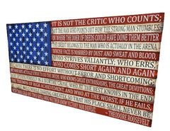 Wooden Rustic Style American Flag Man In The Arena Speech 19x37 image 1