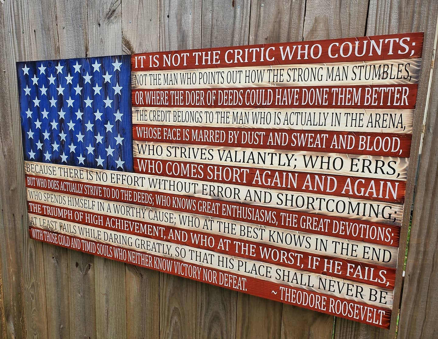 Wooden Rustic Style American Flag Man In The Arena Speech 19x37 image 2