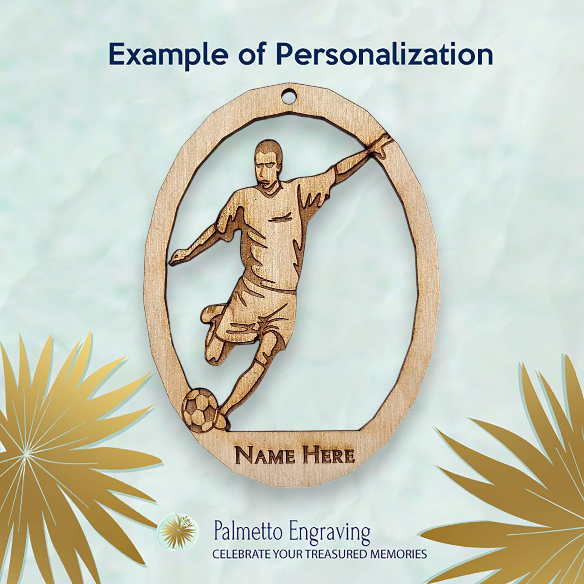 Natural wood soccer ornament engraved by hand