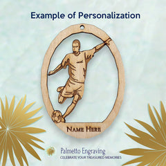 Natural wood soccer ornament engraved by hand