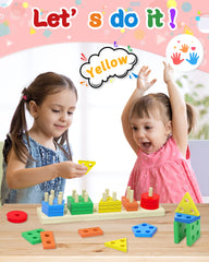 Twenty-piece wooden stacking puzzle with colors and shapes for toddlers
